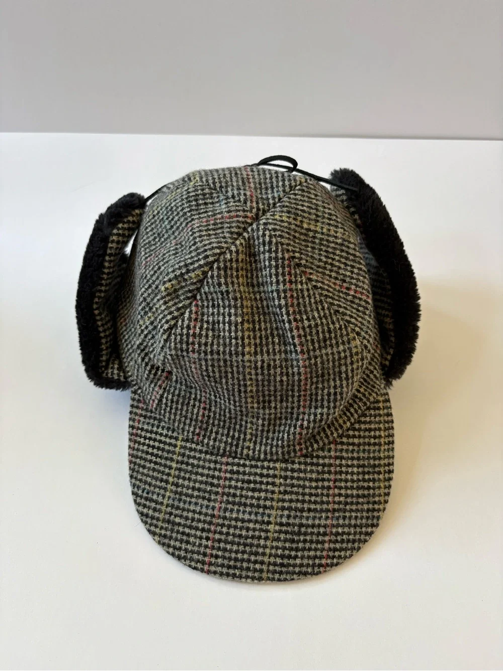Weatherproof Wool Elmer Fudd Cap Hat L Black Grey Ear Flaps Trapper Houndstooth